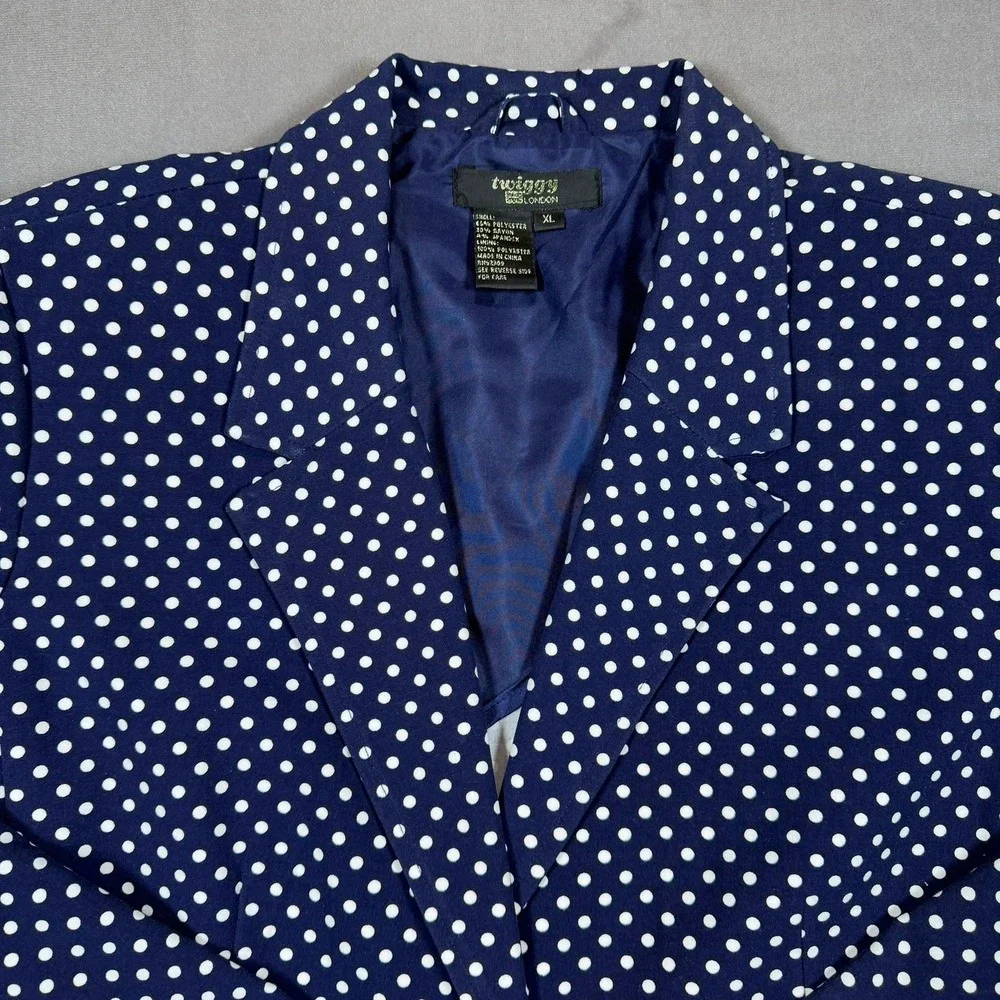 Twiggy London Navy‎ Blue White Polka Dot Single Button Blazer Jacket XL